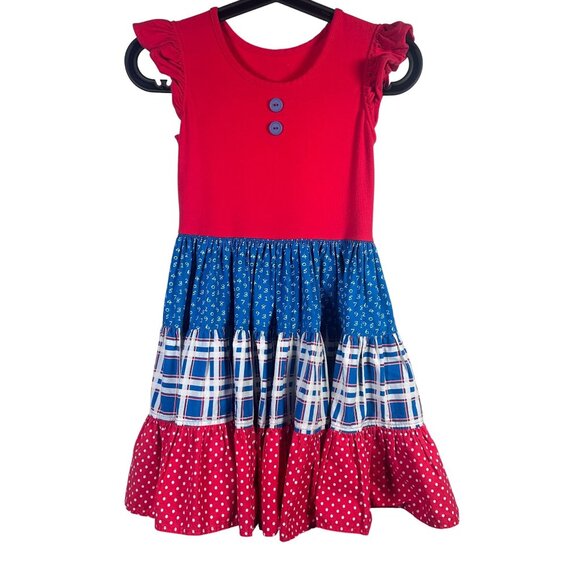 Eleanor Rose Girls Red Blue Ruffle Dress Polka Dots Plaid Americana Twirl 7-8 - Picture 1 of 6